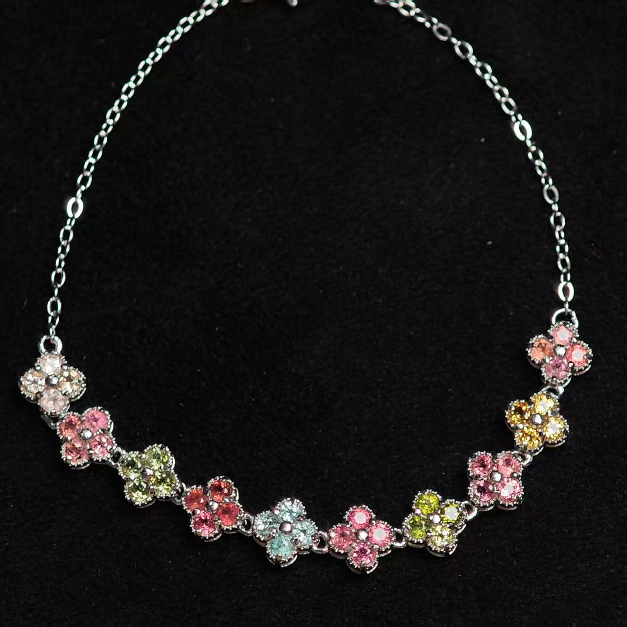 

S925 Sterling Silver Four-Leaf Clover Bracelet with Colorful Tourmaline - Light Luxury Women s Jewelry 925 Silver