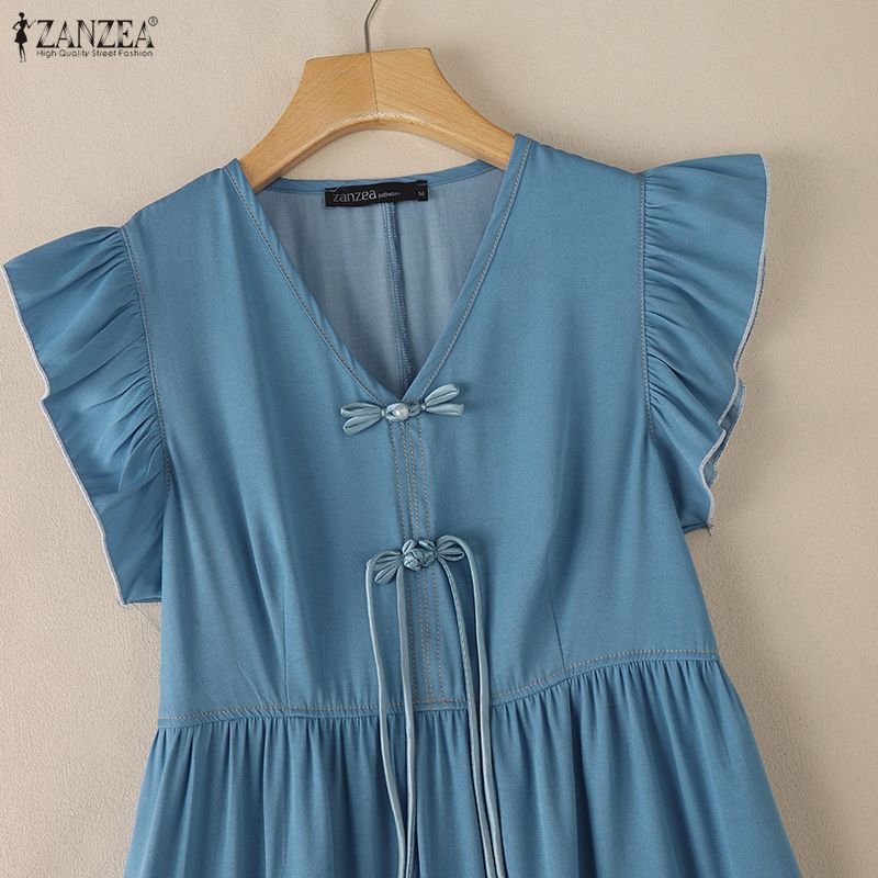 ZANZEA Women Elegant V-Neck Casual Ruffles Short Sleeve Summer Dress
