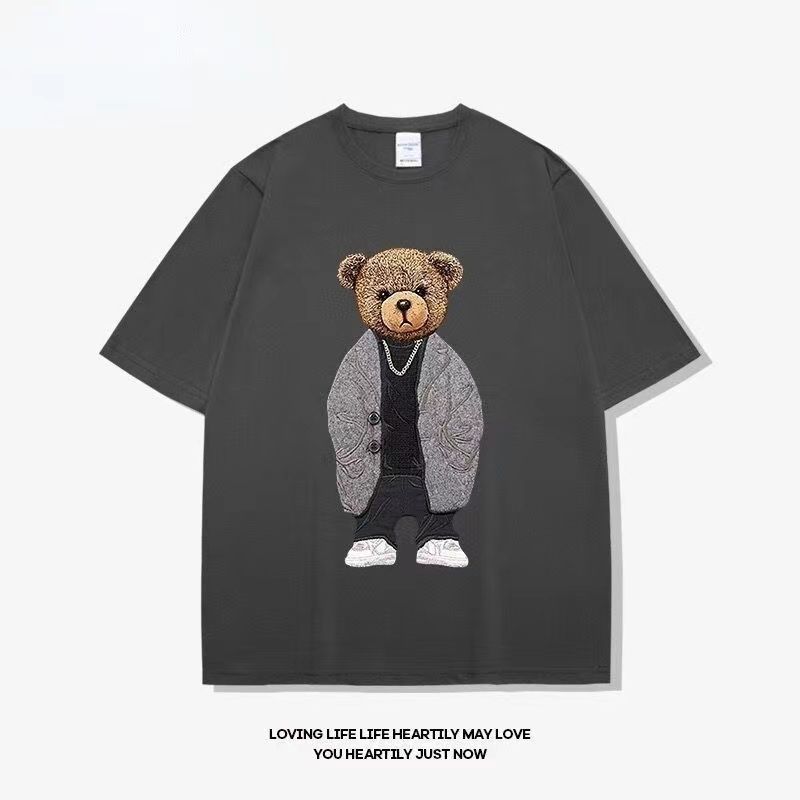 Letní Nová Módní Značka Americké Retro Tričko s Potiskem Medvěda pro Unisex a Unisex Volný Kulatý Výstřih Ležérní Street Top s Krátkým Rukávem