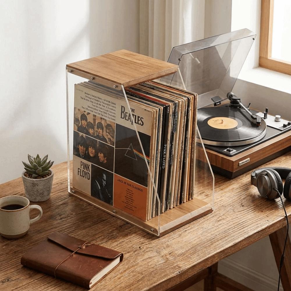 Transparent Design Wooden Record Holder Stable Structure Book Storage Box Organize Collections