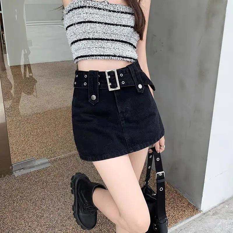Korean Style Denim Mini Skort: Sweet & Spicy A-Line with Belt, Summer 2024 Fashion for Women