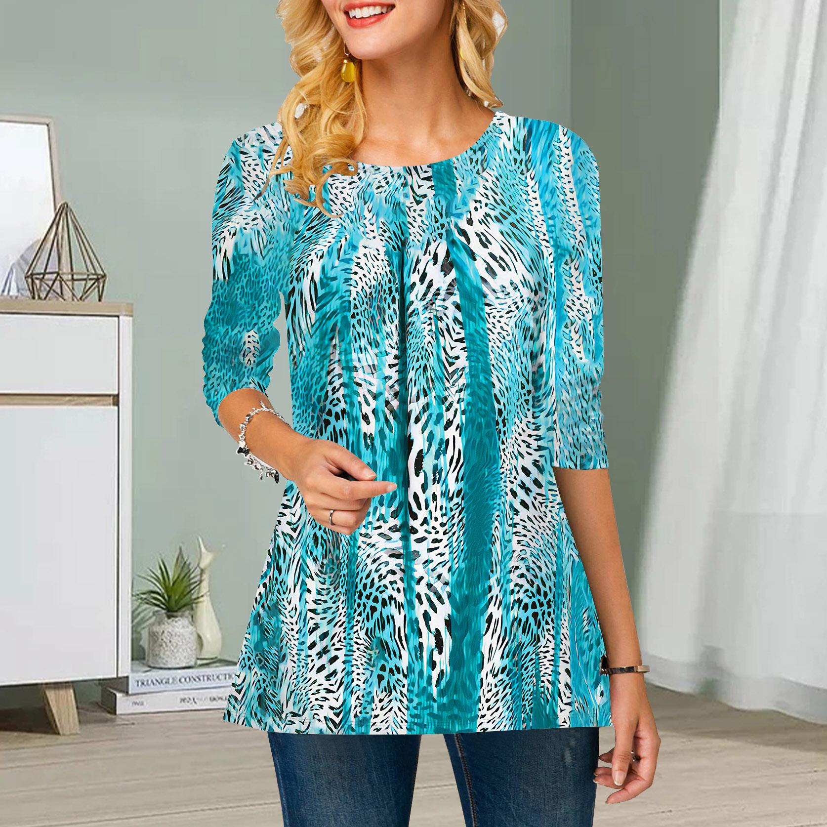 

Плюс Размер Женский Цветочный Вертикальный Полоски Принт Круглый Вырез Повседневный Свободный Длинный Рукав Топ 8XL светло-синий