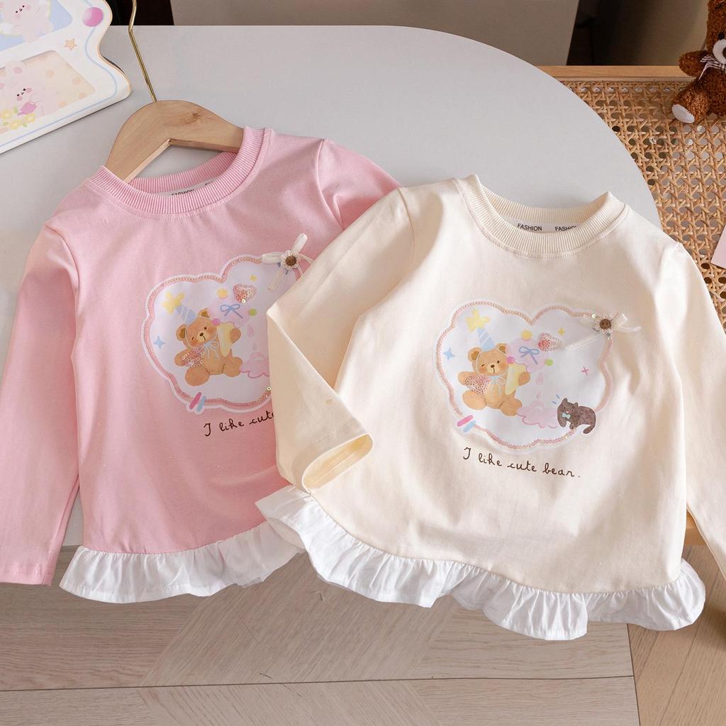 Rochie T-shirt cu mânecă lungă pentru fete, 2025, cu desen animat dulce și tivul fustei îmbinat