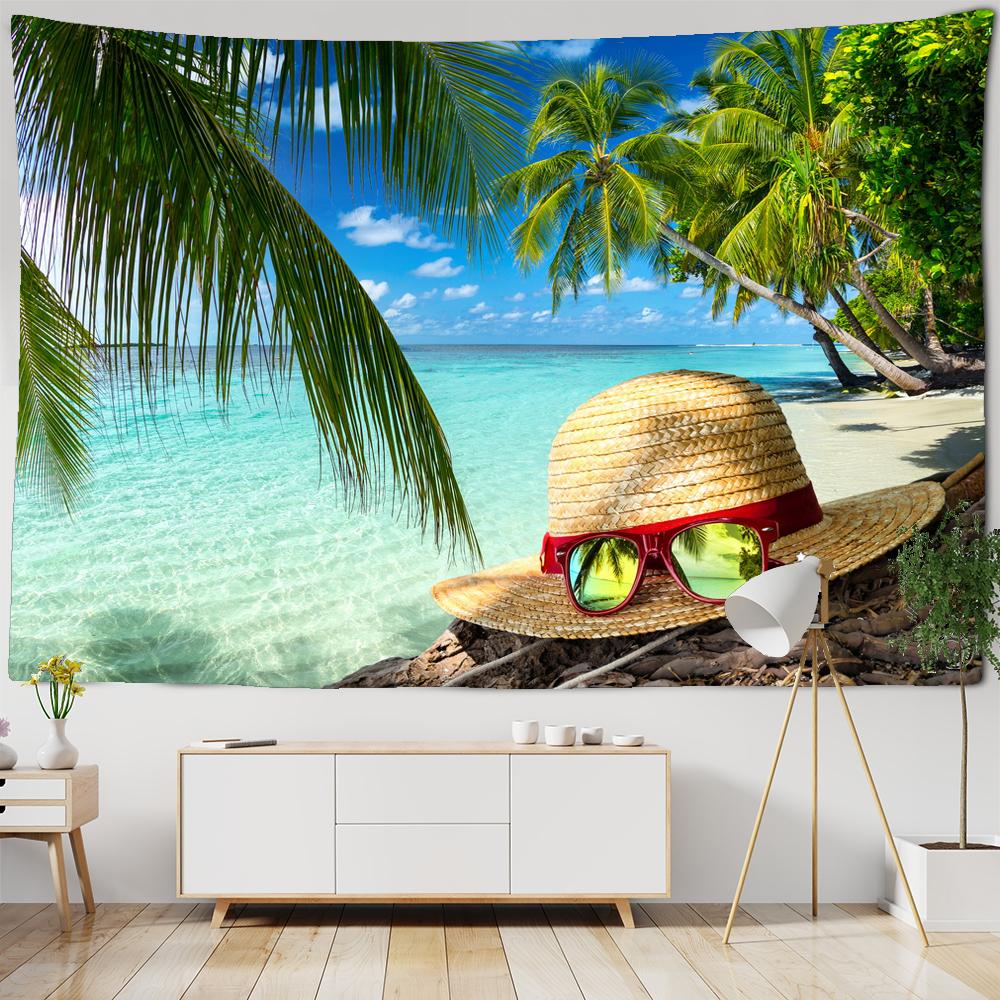 Beautiful Sea Scenery Tapestry Sea Vintage Beach Seascape Palm Tree Tapestry Wall Hanging Tapestries Boho Bedroom Wall Rug Premium Quality