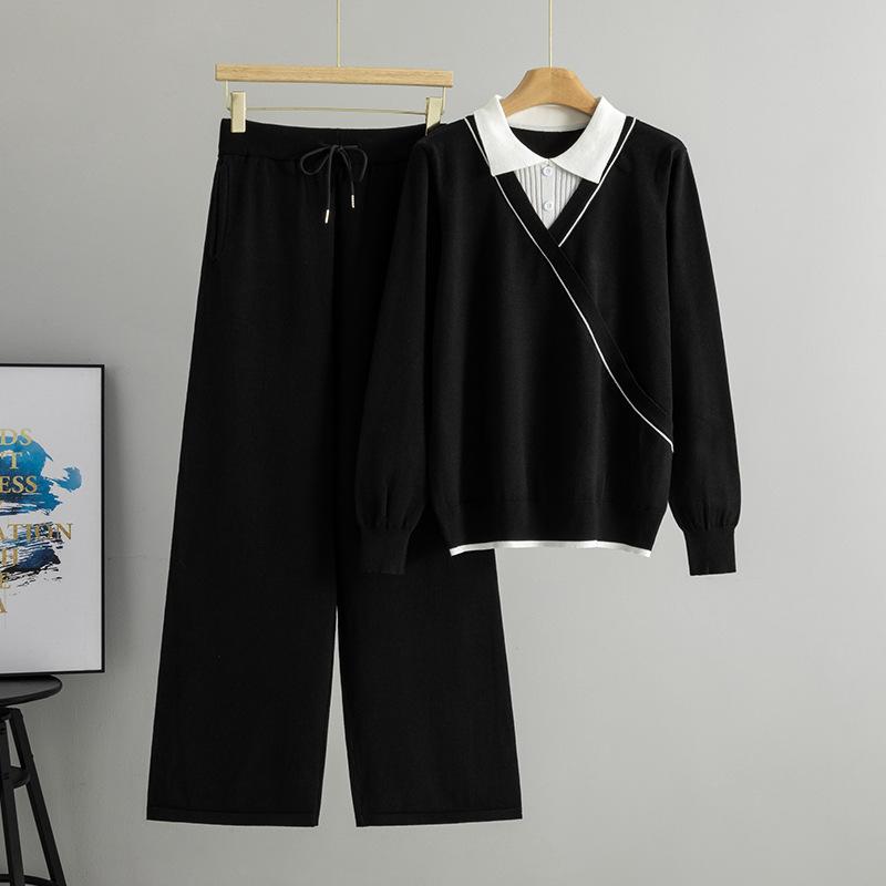 New Autumn and Winter Fake Two-piece Set: Women's Lapel Patchwork Color-blocking Sweater, Stylish and Youthful Wide-leg Pants