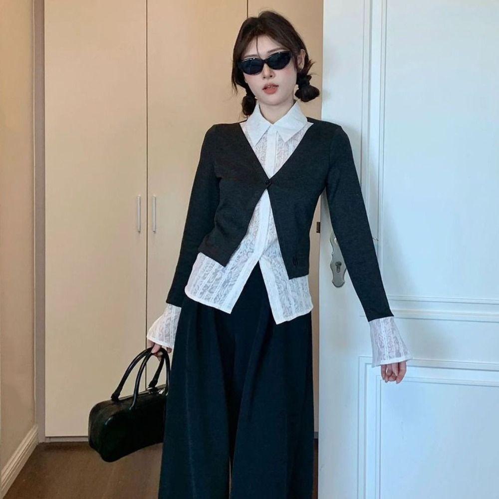 Slim Fit False Two-piece Top Flip Collar Lace Long Sleeved Knitwear  Spring Autumn