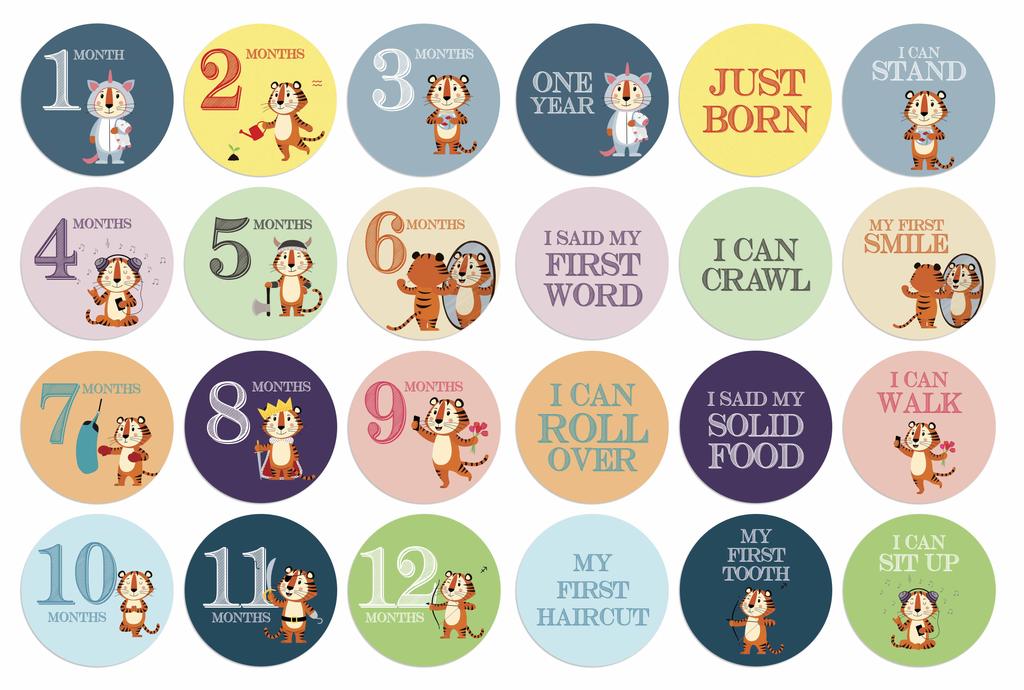 Inkdotpot 12 Month Baby  Milestone  Sticker  Boy Girl-Monthly  Milestone  Round  Stickers 24 Count