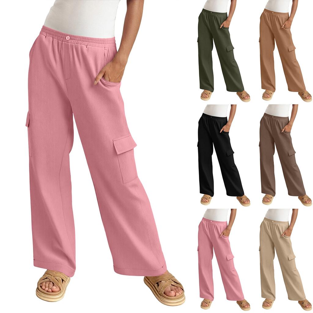 Cargo Pants Women Cotton Linen Button Elastic Waist Wide Leg Trousers Summer Loose Fit Hiking Jogger Pant With Pocket
