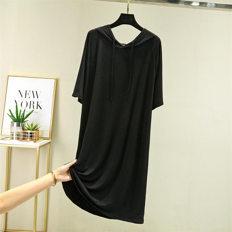 

Весна Лето Однотонные цвета Женская одежда Уличная одежда Женское платье с капюшоном Рукава до локтя Модал Повседневное Свободное Длинное платье M чёрный