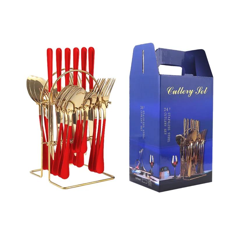 24pcs Luxury Dinnerware Sets with Holder Stainless Steel Fork Spoon Knife Business Gift Box Cutlery Rack Home Flatware Tableware
