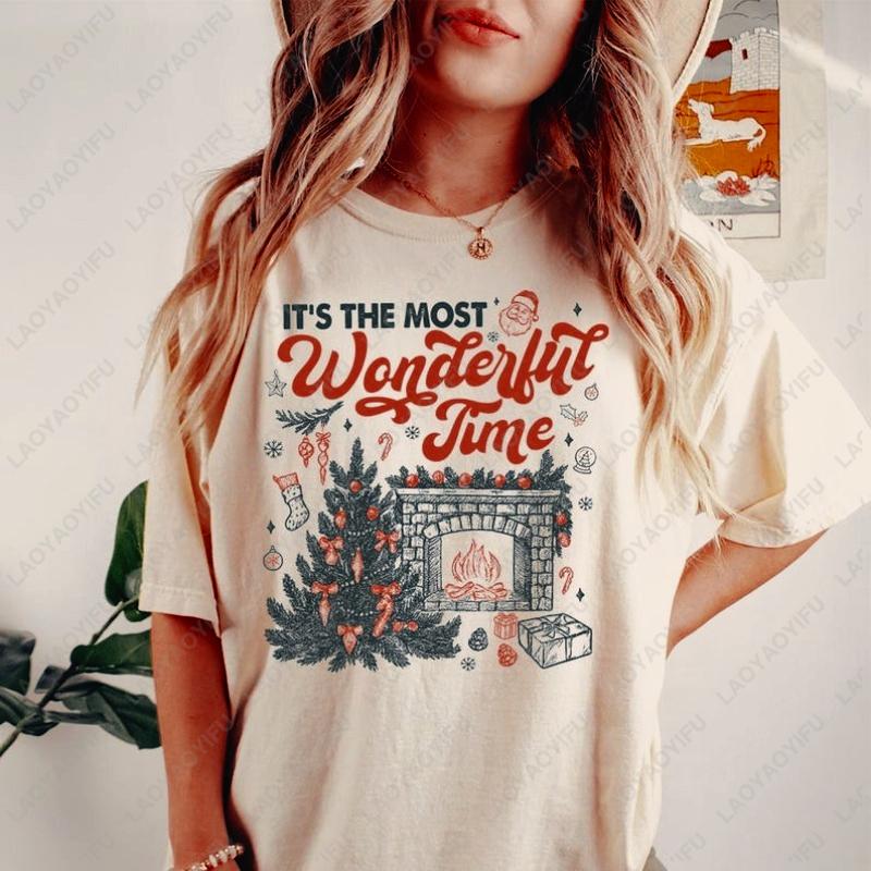 Vintage Its The Most Wonderful Time Printing Tshirt Retro Christmas Shirt Holiday Tees Womans Y2k Streetwear Tops Ropa Mujer