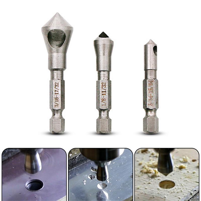 Drill 3pcs Countersink Bit Set Deburring Meta Wood Plastic Hex Woodworking Shank