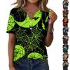 Women's Casual Halloween Print V Neck Short Sleeve T Shirt with Decorative Buttons Gothic Style Relaxed Fit Top for Everyday Wear