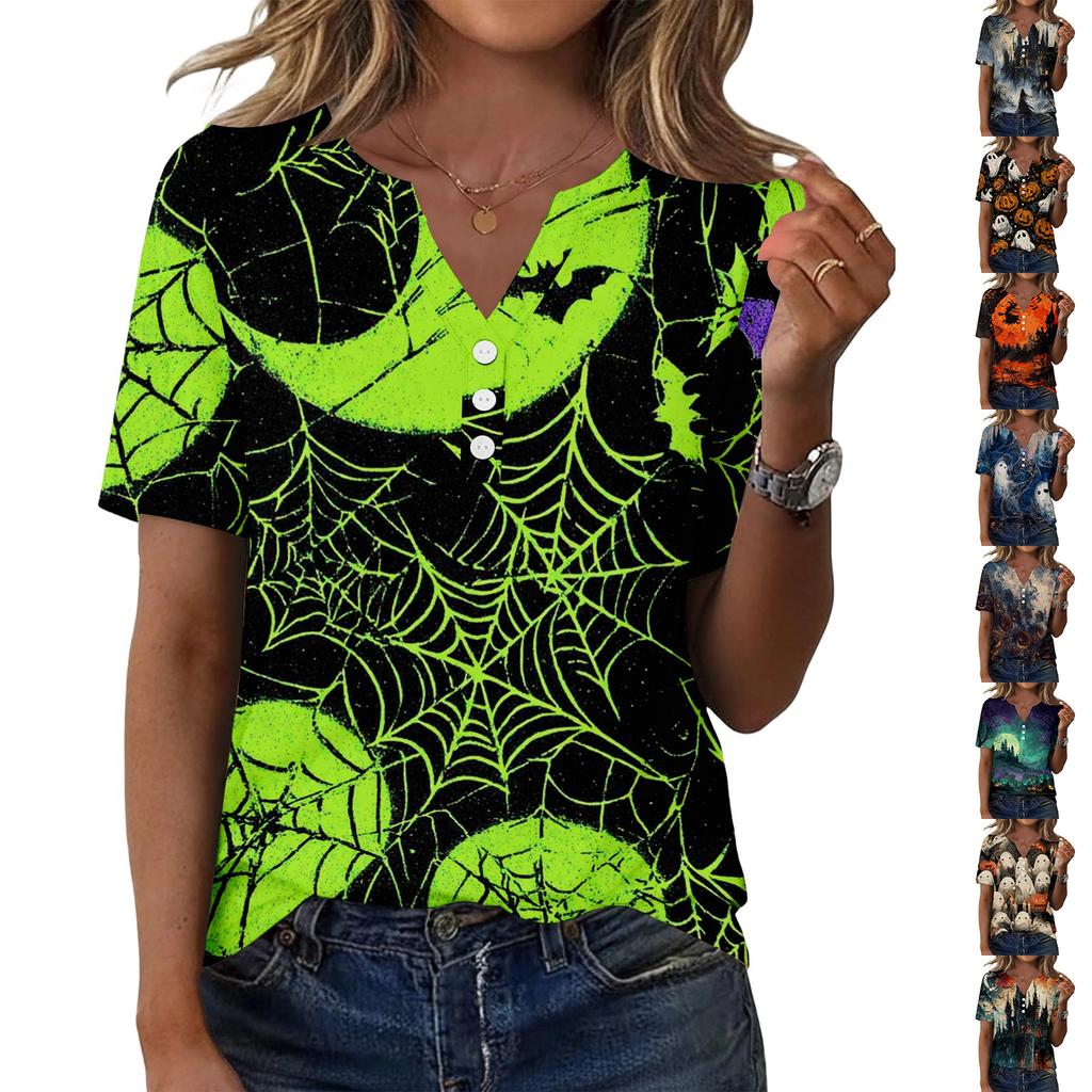 Women's Casual Halloween Print V Neck Short Sleeve T Shirt with Decorative Buttons Gothic Style Relaxed Fit Top for Everyday Wear