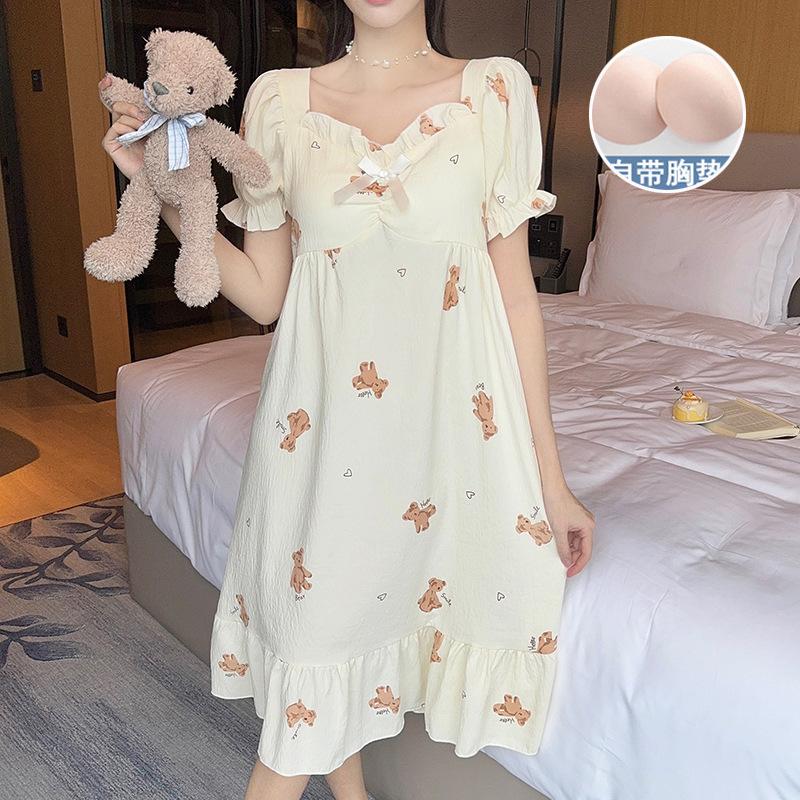 

Summer new nightgown women s woven cloud cotton with chest pad sweet princess style medium long pajamas loungewear 175(XXL)