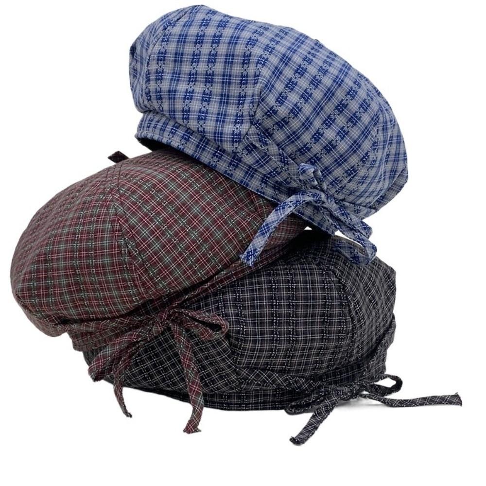 Bow Plaid Beret Hat Keep Warm Women Octagonal Cap Artistic Women Painter Hat  Outdoor