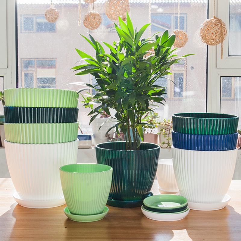 Thickened Plastic Resin Flower Pot: Imitation Ceramic with Vertical Stripes, Colored for Succulents and Floral Decor.