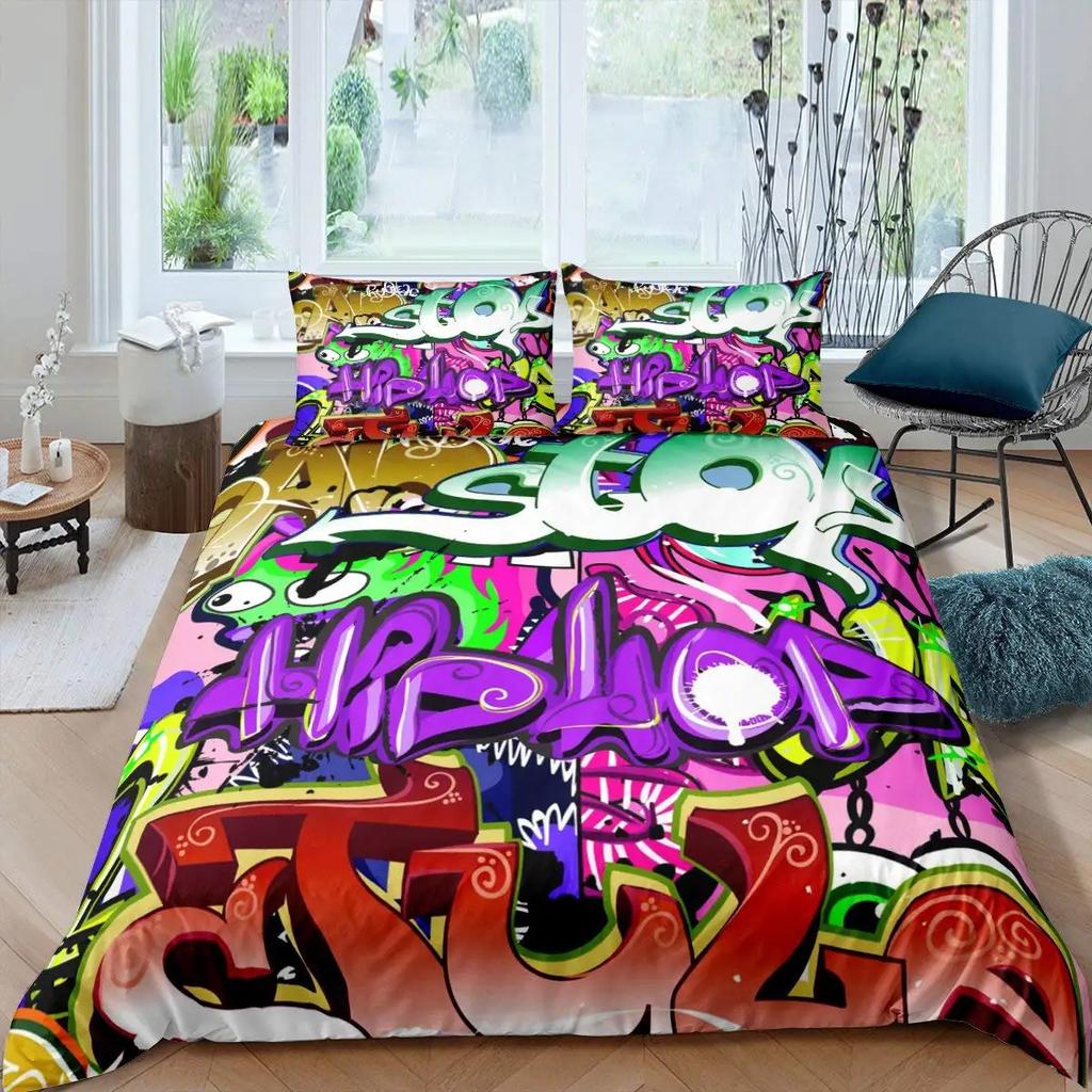 Hip Hop Decor Duvet Cover Colorful Bedspreads Cover Graffiti Pattern Street Culture Theme Decor Bedding Set for Adult Kids Teen