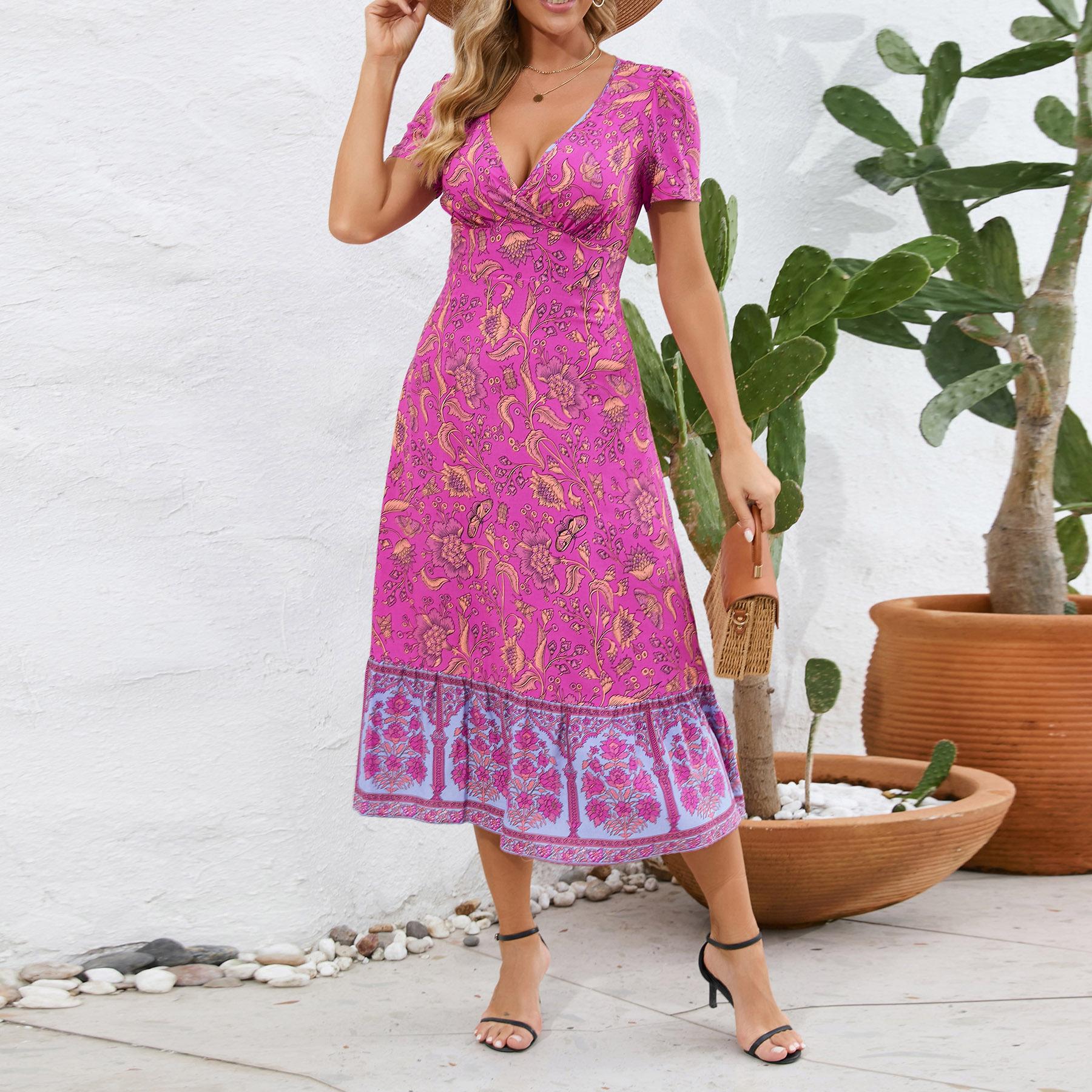 

Женское летнее сексуальное платье с коротким рукавом и v-образным вырезом, пляжная винтажная юбка с цветочным принтом XXL ярко-розовый