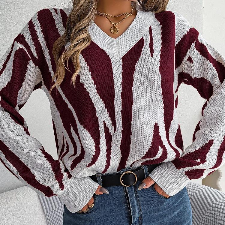 Loose Knitwear Vintage Cardigan Sweater Long Sleeve V Neck Autumn Winter Color Print Top