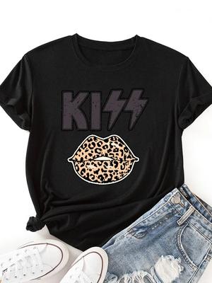 Camiseta Estampa Lábios de Leopardo Beijo Mulher Manga Curta Gola O Solta Verão Mulher Camiseta Tops Roupas Camisetas Mujer