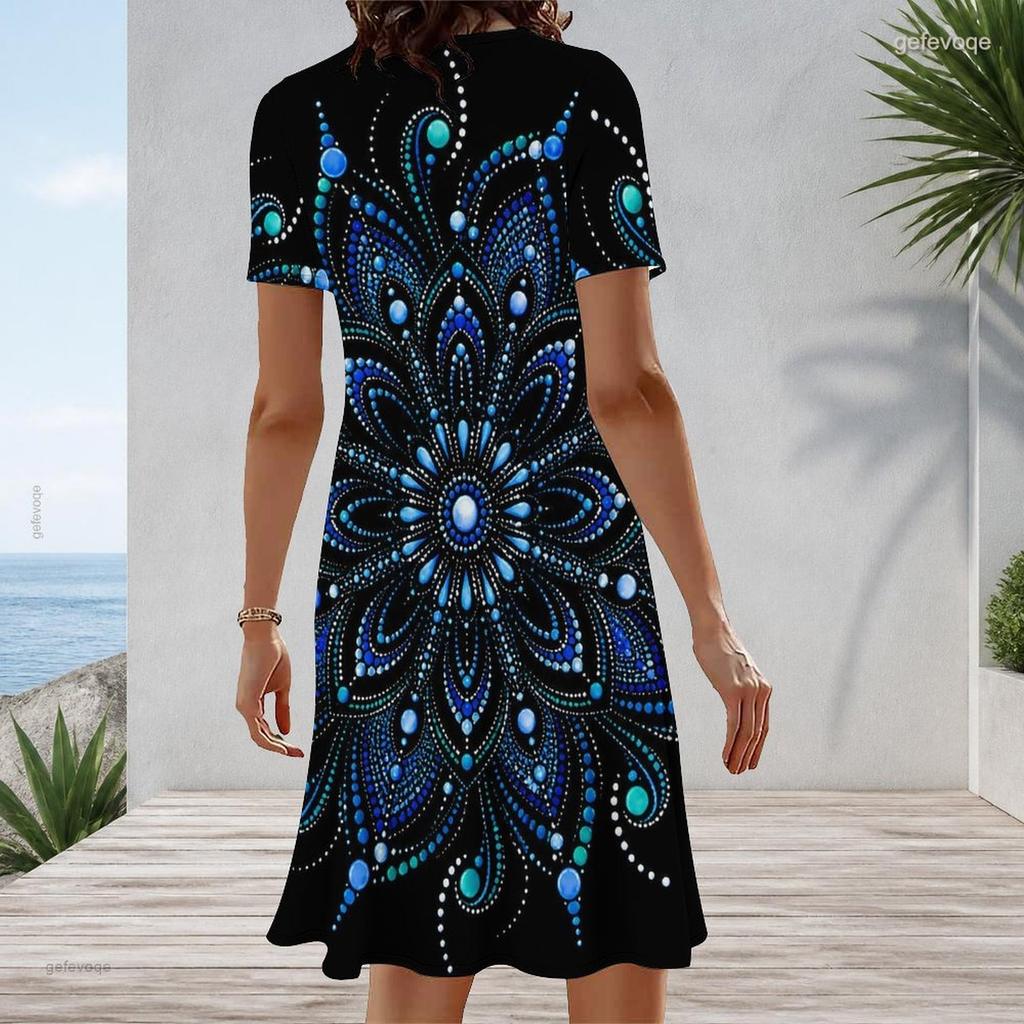 Women Plus Size Round Neck Short Sleeve Dark Purple Halloween Printed A Line Dress