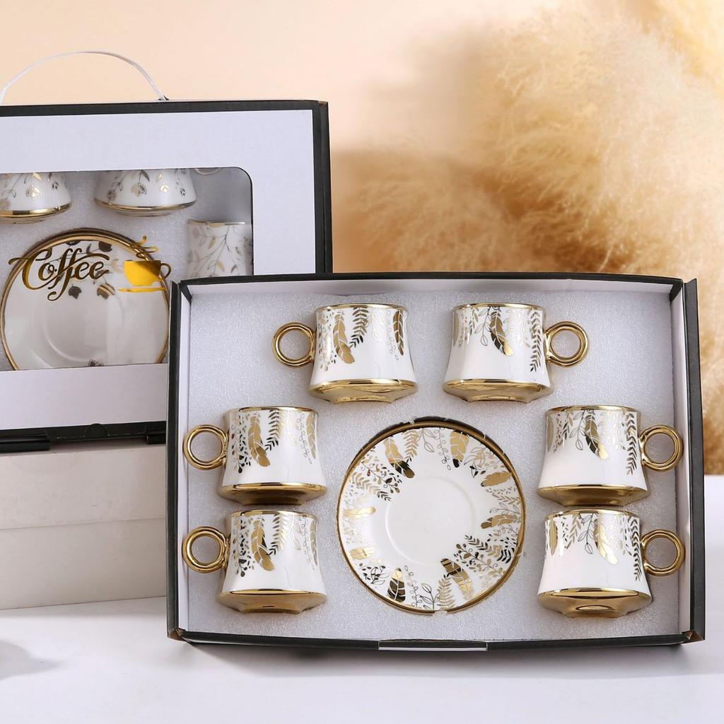 Classic European Style Ceramic Coffee Cup, Gold-plated Ceramic Cup, Trendy Coffee Cup, 6 Cups, 6 Plates Gift Box Set
