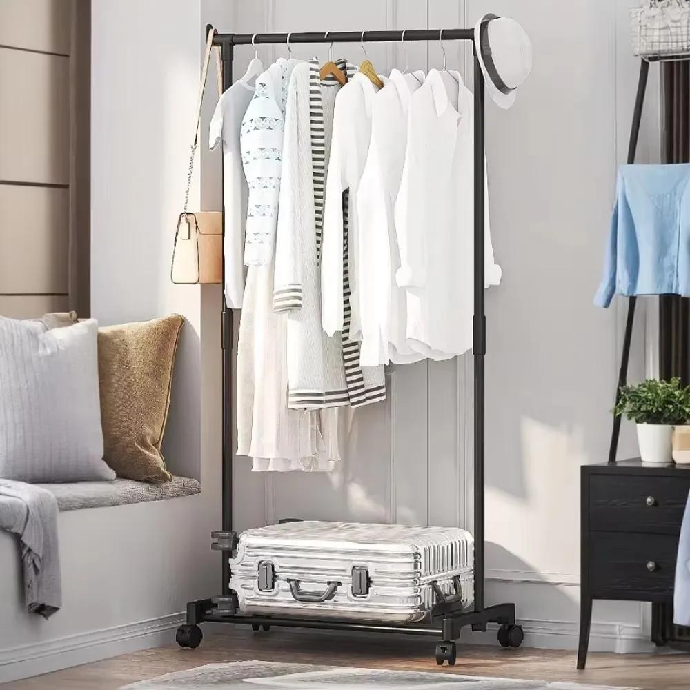 Movable Double Rod Clothes Rack with Wheels Heavy Duty Coat Shelf Bedroom Floor Hangers Organizer Home Shoe Hat Storage Racks