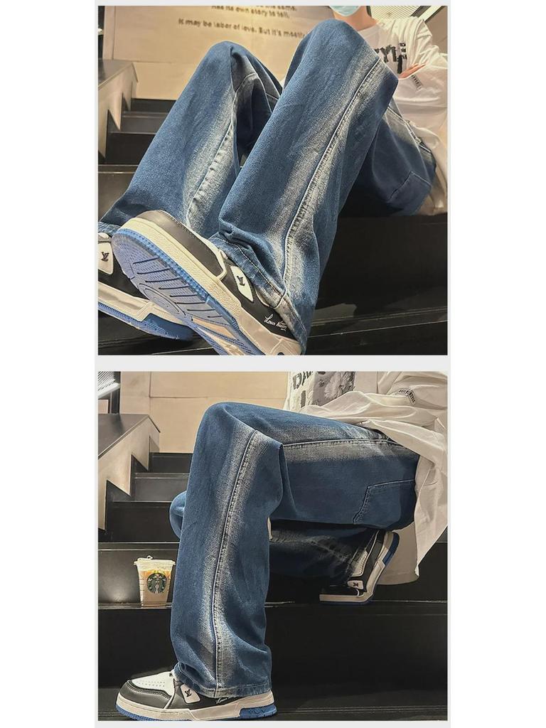 Męskie jesienno-zimowe koreańskie luźne jeansy casual z szerokimi nogawkami