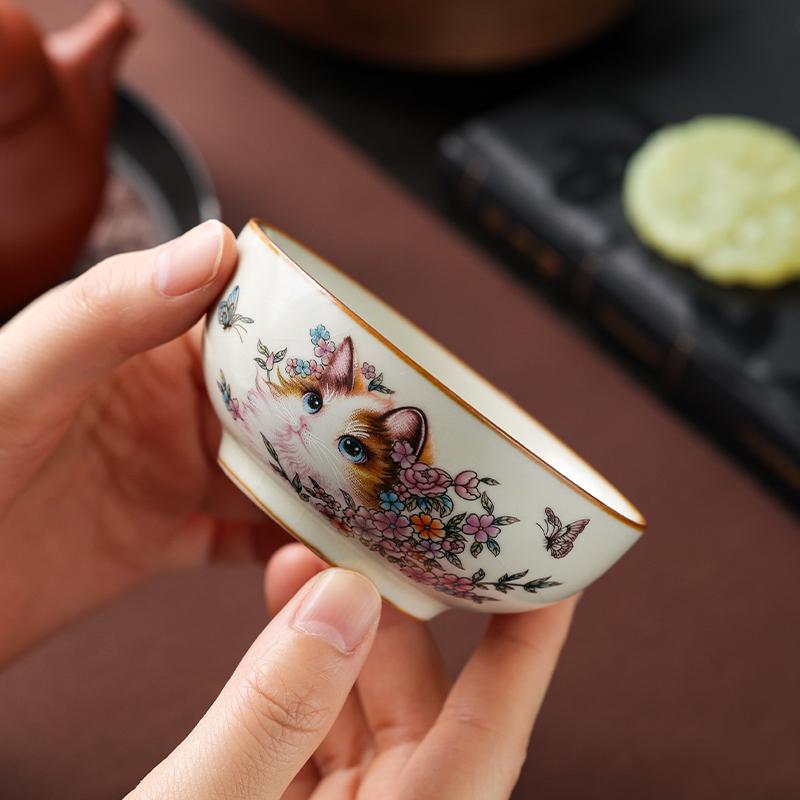 100ml Ru Kiln Persian Cat Pu Erh Cup Teacup Master Cup Ceramic Home Single Cup High End Kung Fu Tea Ceremony Tea Tasting Cup