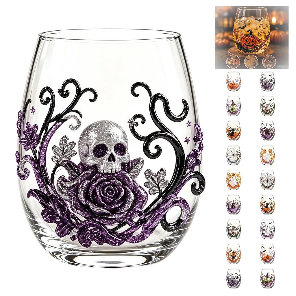 2D Halloween Artisan Glassware Collection, Drinking Glasses with Raised Pumpkin Ghost Black Cat Web Design, Spooky Clear Cups for Cocktails Juice