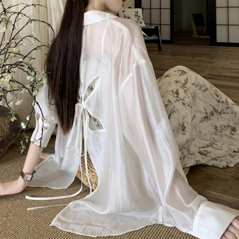 Bow Hollow Out Sun Protection Clothing for Women In Spring Paired with A Cardigan and A White High-end Shirt Jacket