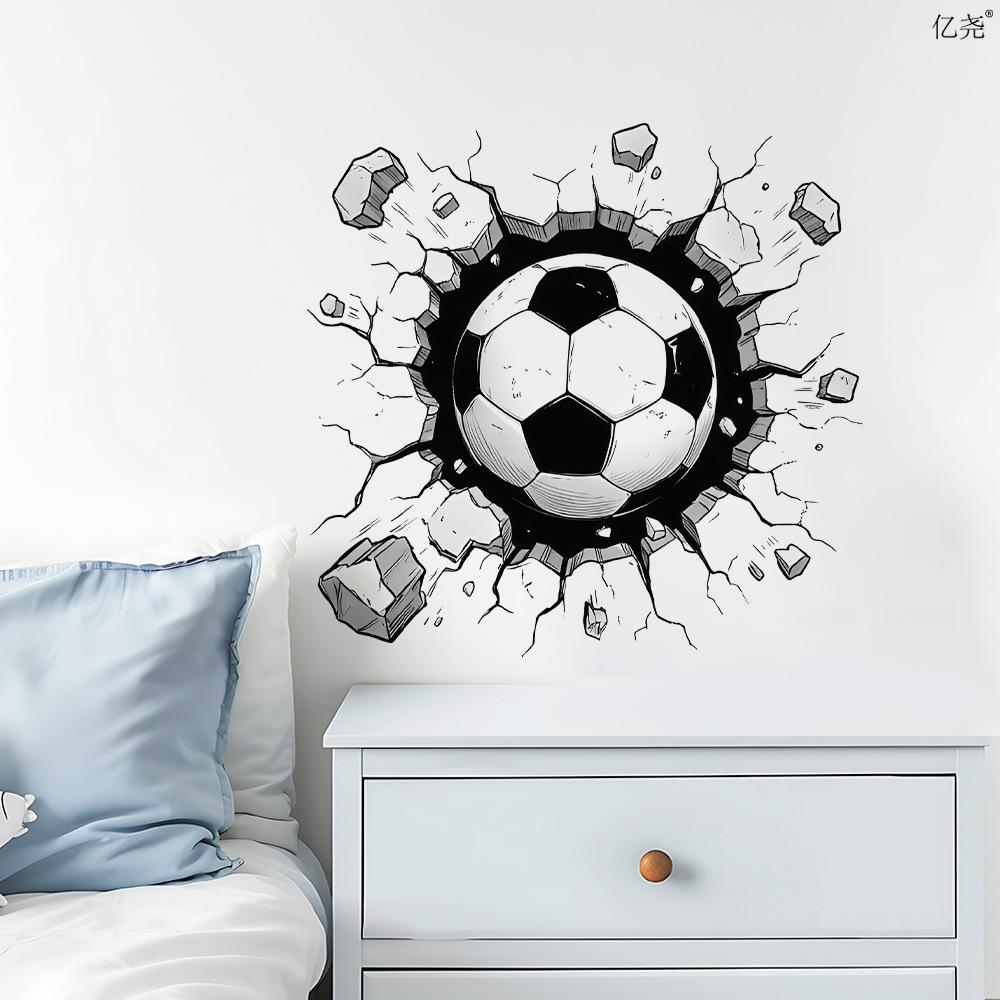 2026 World Cup 3D Football Wall Stickers, Breaking Through Wall Effect Removable Self-Adhesive Vinyl Decals