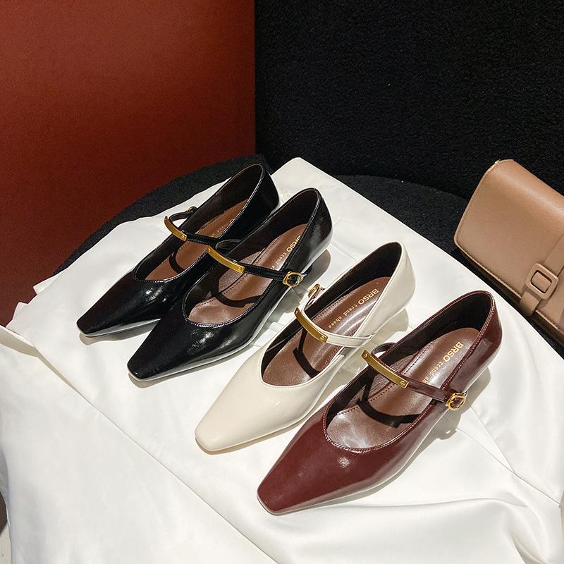 

New square head wedge single shoes femininity with skirt Mary Jane shoes gentle metal small leather shoes 34 бордовий