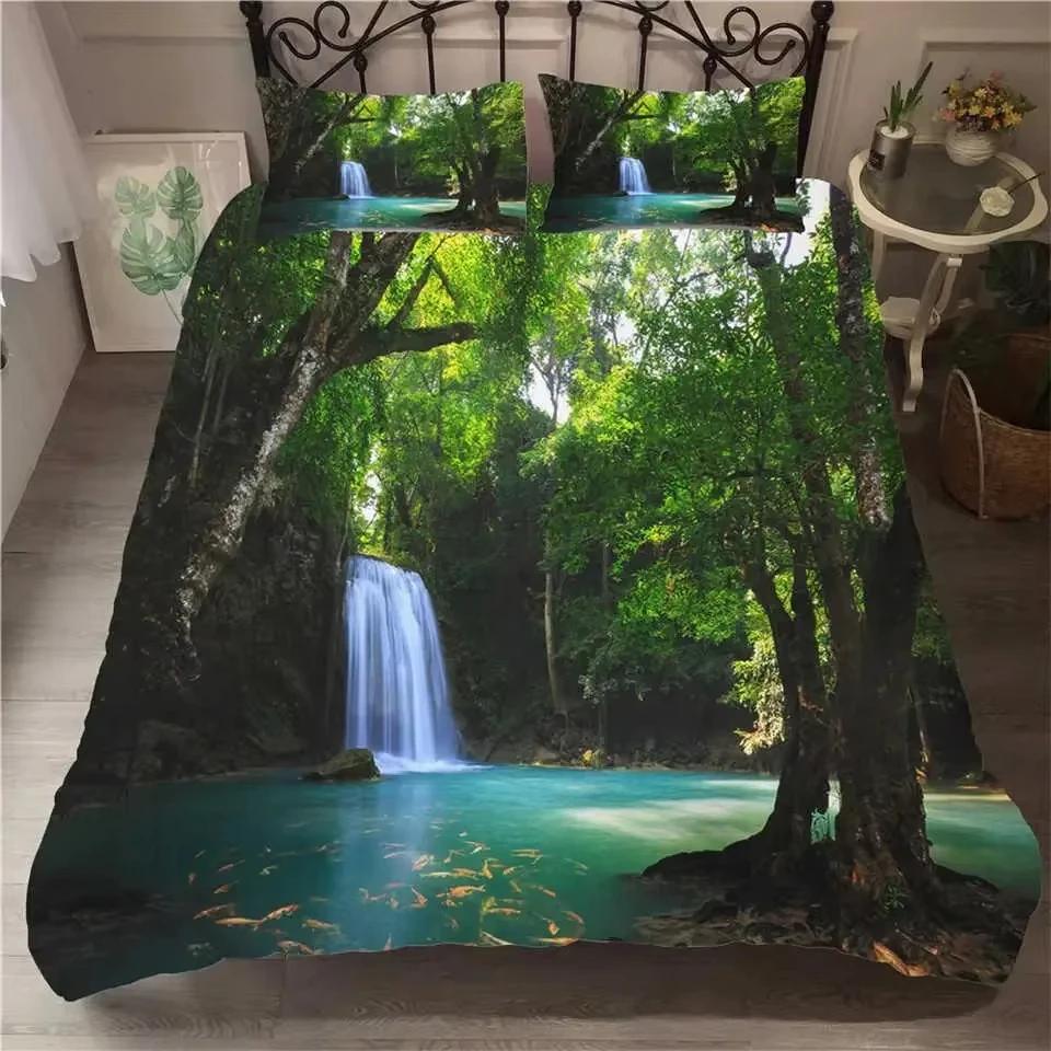 Lpluscape Painting Waterfal Soft Duvet Cover Quen Sized Dimensions Double Bed Natural Scenery Comfortable Quilt Cover Forest Waterfal Beding 3-Piece