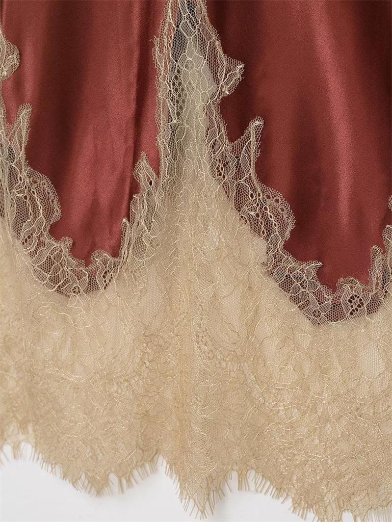 Women's European & American Color Block Lace Trim Silk Satin Skirt