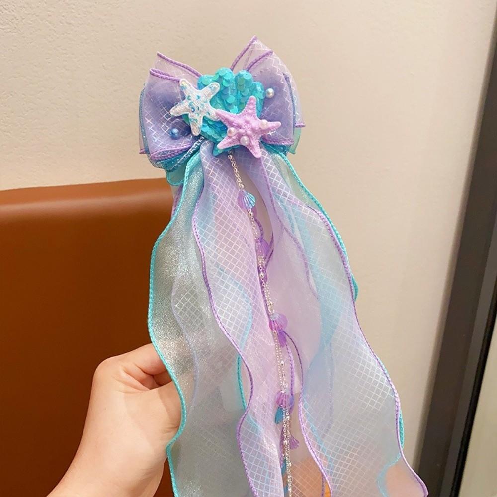 Cute Sweet Mermaid Bow Hair Clip Seashell Lace Organza Ribbon Hair Barrette Tassel Starfish Hairpin Ocean-Themed Party