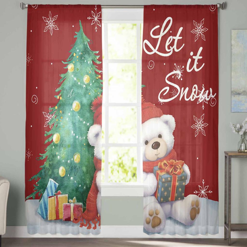 Weihnachts-Schneeflocken Retro Koala Vorhänge für Wohnzimmer Schlafzimmer Heimdekoration Fenster Voile Tüll Vorhang Drapes