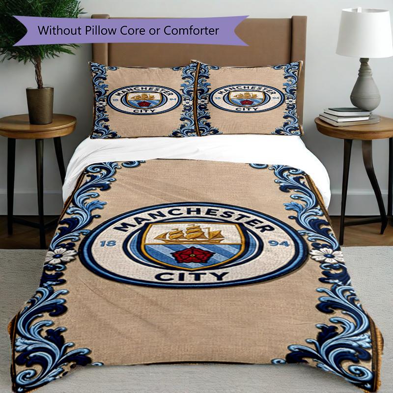 3pcs Duvet Cover Set (1*Duvet Cover + 2*Pillowcase, Without Core),Manchester City FC Print Bedding Set, Bedroom Decor, All‑Season, Birthday Gift