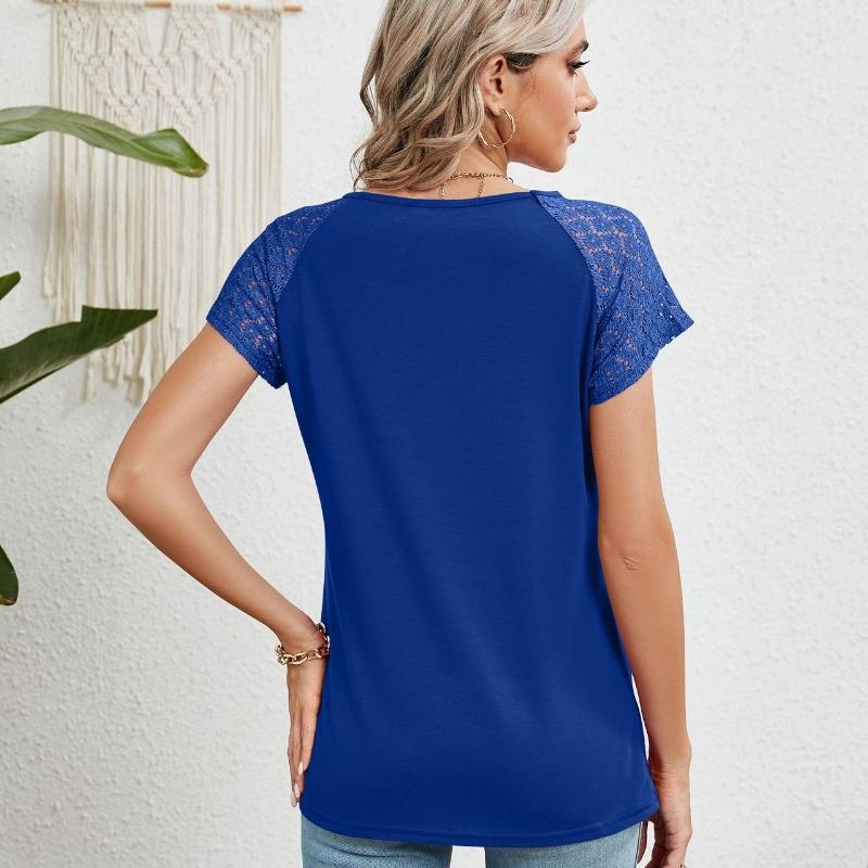 2024 Summer Lace Short Sleeve Loose Blouse for Women Fashion Solid Round Neck Casual Shirt Women Tops Elegant Simple Plus Size Female Blouses 24314