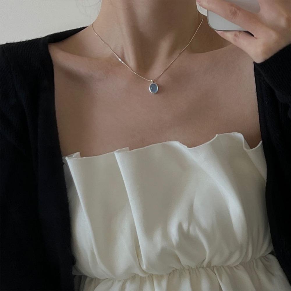 Exquisite Natural Blue Oval Opal Silver Color Stainless Steel Pendant Necklace for Women Charm Fashion Crystal Collar Jewelry