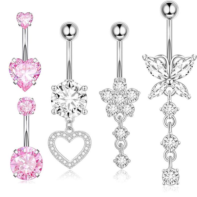 Heart-Shaped Rhinestone Belly Button Ring 5-Piece Set