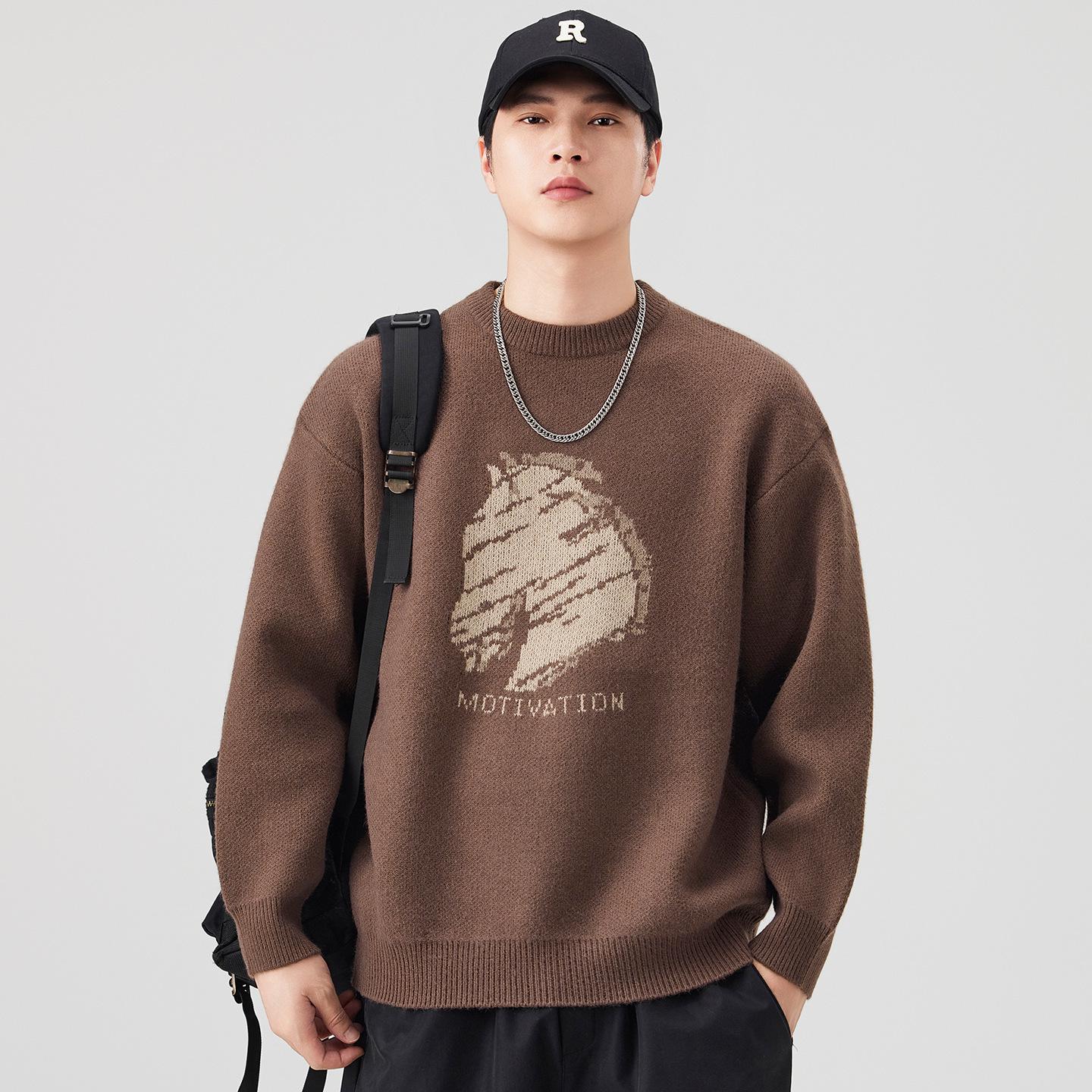 Men s Jacquard Knit Sweater: Heavyweight, Loose, Casual, Autumn/Winter Style 3XL кофейный