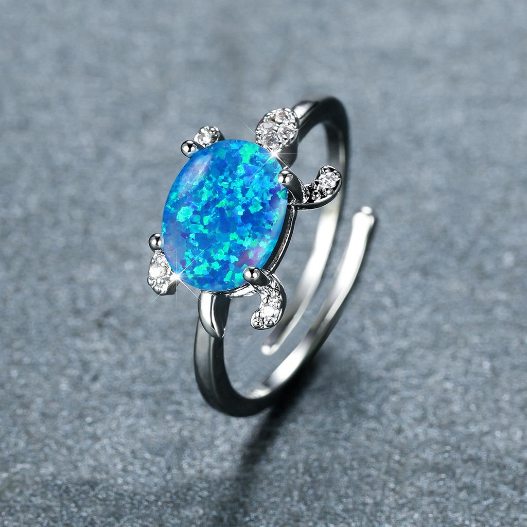 Personalized Oval Blue Green White Turtle Mouth Versatile Womens Ring with Micro Inlaid Zircon Decoration
