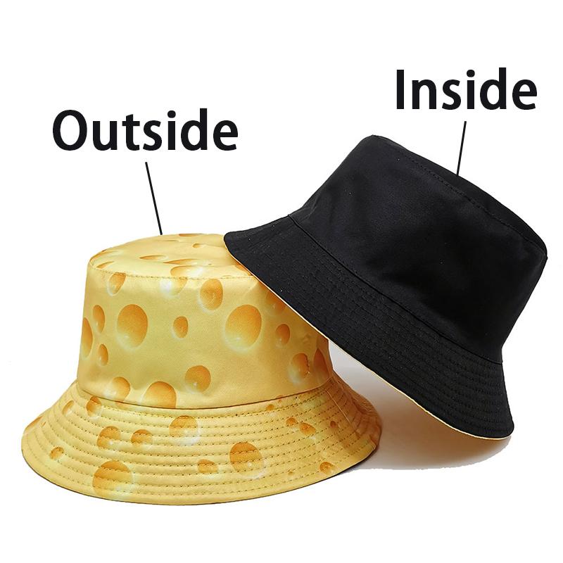 

Bocca Cheese Printing Bucket Hat Yellow Pattern FisherUnisex Hats Double Sides Reversible Panama Cap Unisex Outdoor Sun Hot Selling About 56-58cm