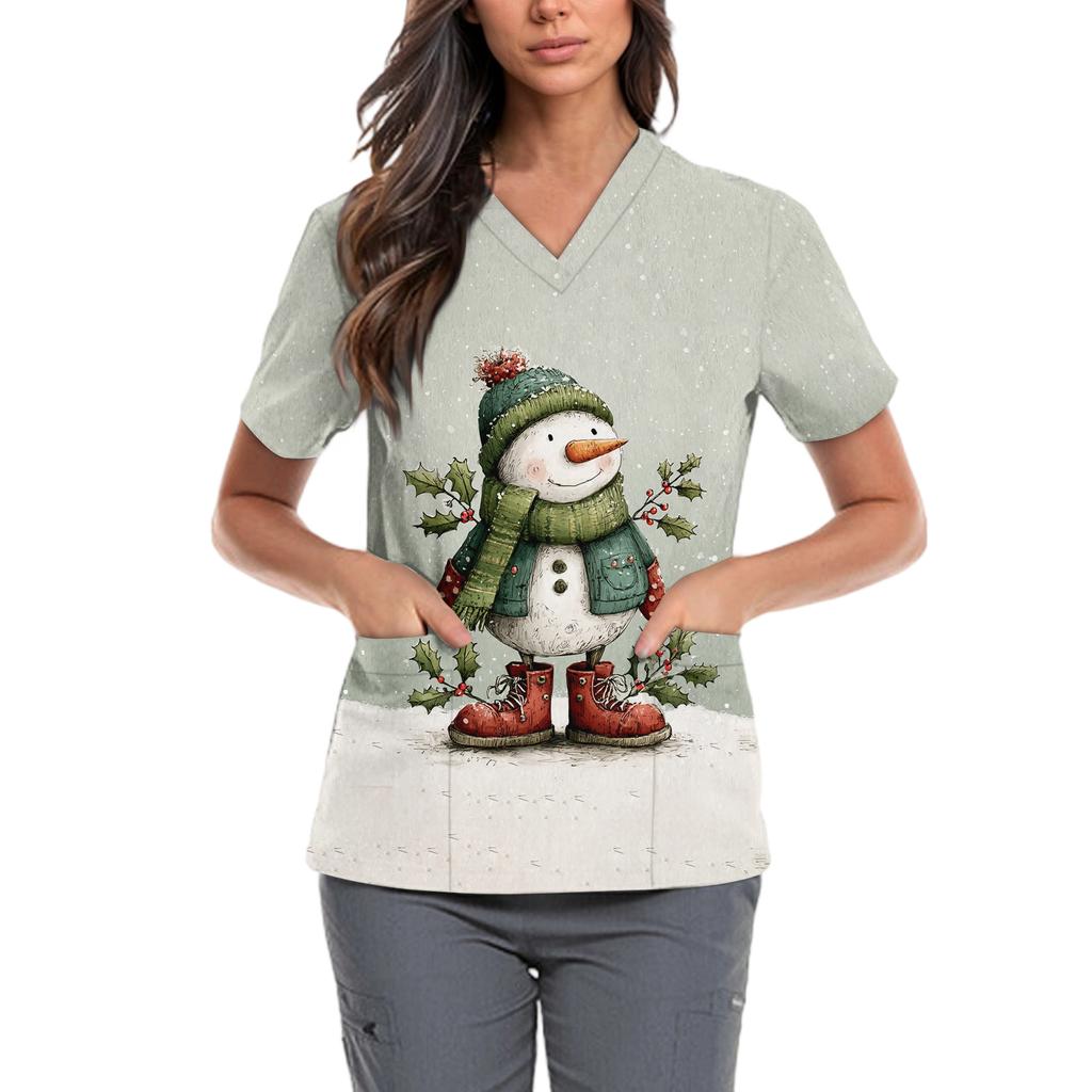 Women's Cute Bow Printed Work Clothes V-neck Double Layer Pockets Basic Short Sleeve Top Pullover