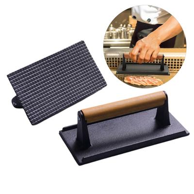 Rechteckige Speckpresse aus Gusseisen mit Holzgriff, gleichmäßige Wärmeübertragung, gesundes Kochen, Fleischpresse mit komfortablem Griff