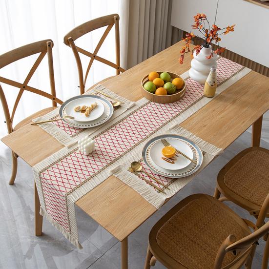 Boho Style Table Runner Patchwork Color Long Farmhouse Rustic Table Runner with Tassel Party Home Decor
