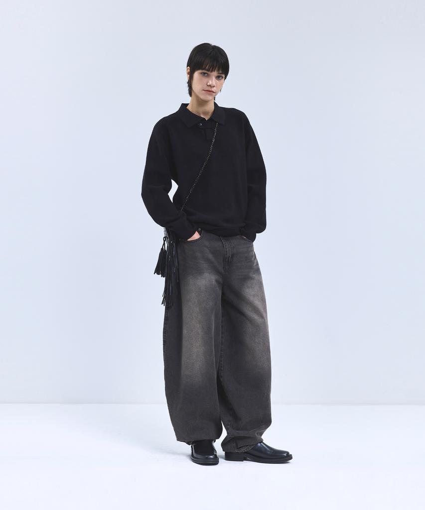 IRONYPORNO WHITELINE 86-Iroj367 Collared Placket Long Sleeve Knit Black