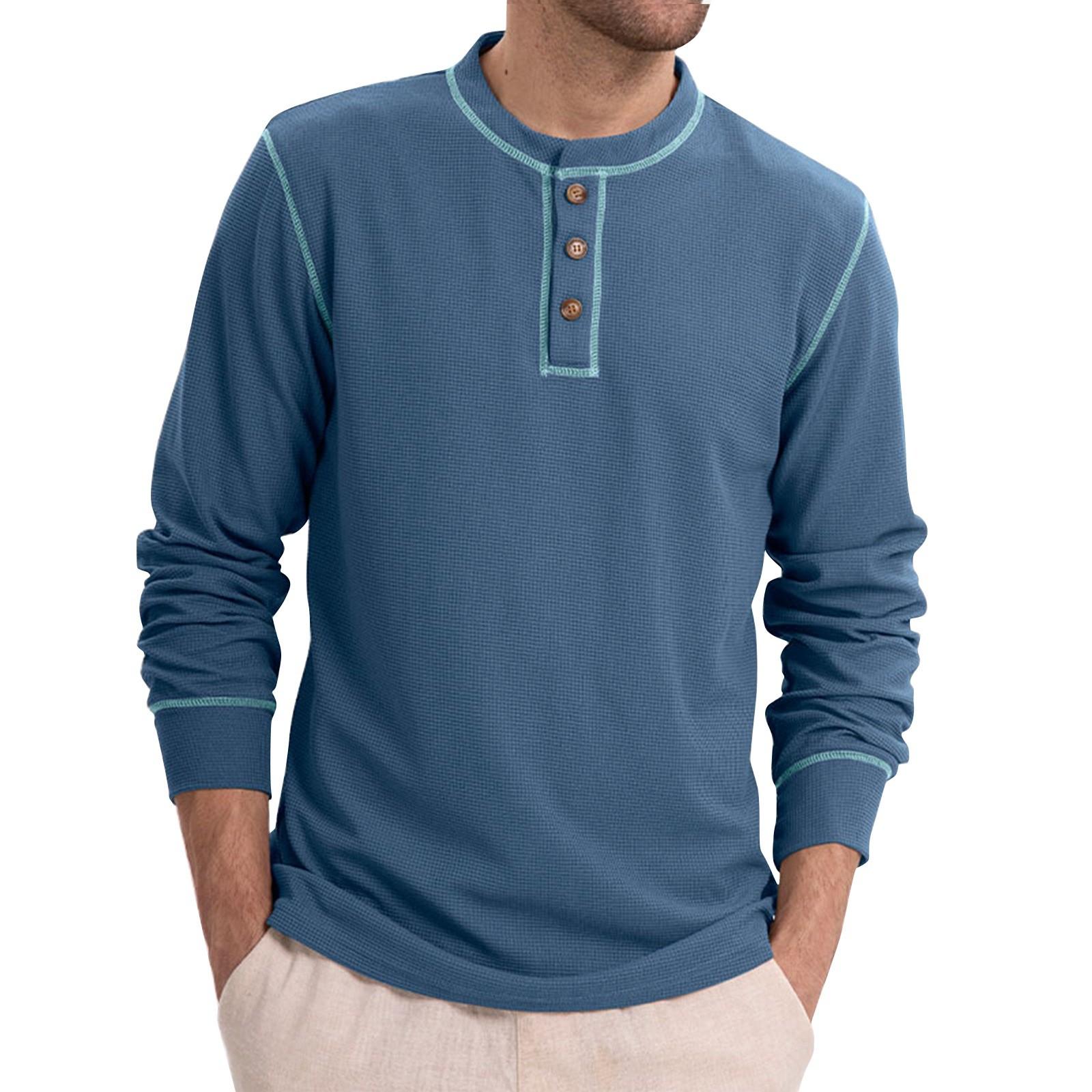 

Мужские весенние однотонные ретро-топы с длинным рукавом на пуговицах, мужские повседневные модные топы XXL синий